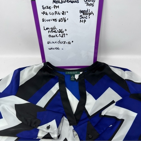 Lauren Ralph Lauren Retro Chevron Print Blouse Size PM Cobalt Blue Black White - Picture 5 of 12